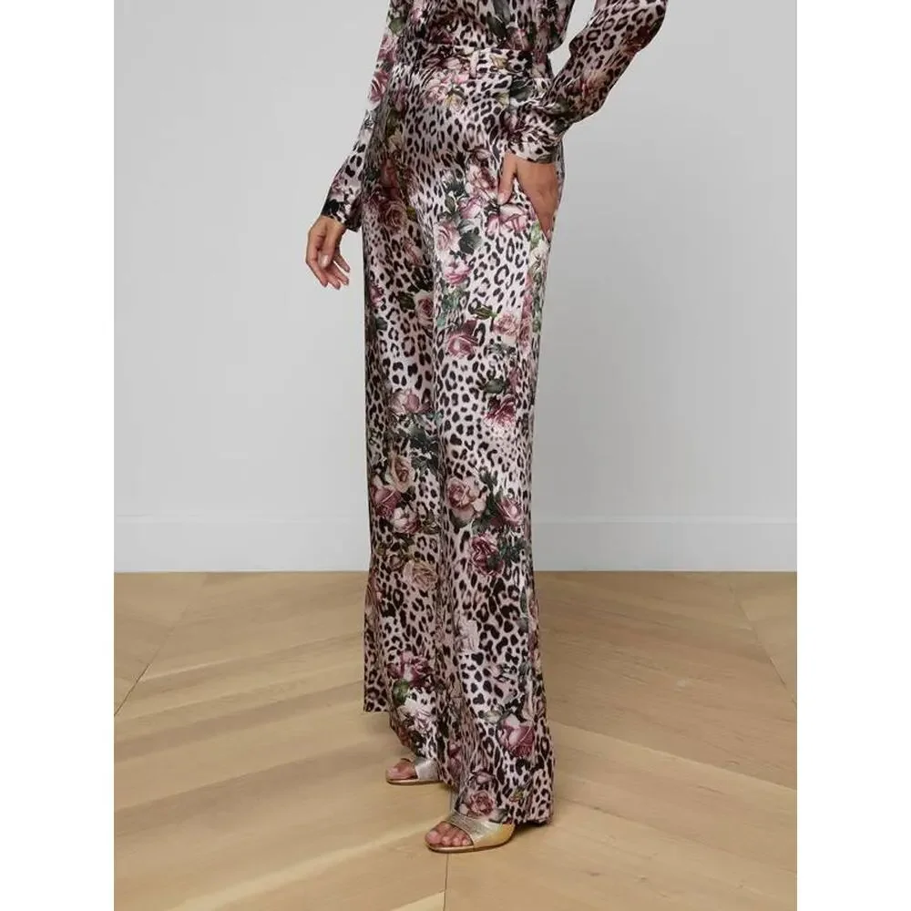 L'AGENCE Pilar Wide Leg Silk Pants in Cheetah Rose 2